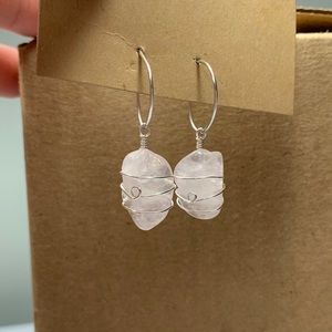 Rose Quartz Wrapped Dangly Hoop Earrings